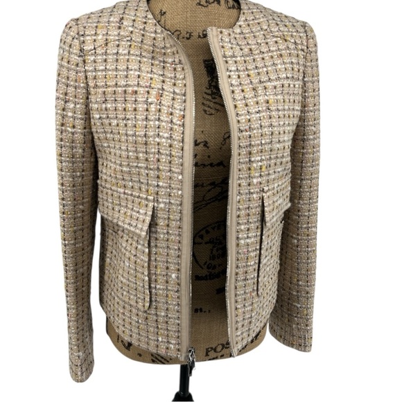 Tory Burch Tweed Boucle Tan Zip Front Jacket Blazer Tan Brown Sz 8 Luxury Preppy - Picture 1 of 13